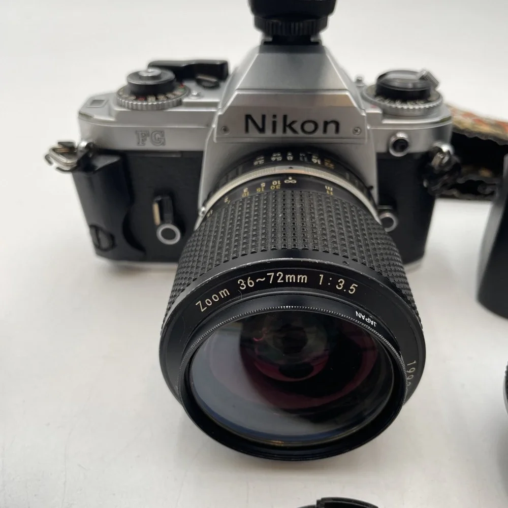 Nikon FG 35mm SLR Film Camera BUNDLE +Zoom 36-72mm Lens+Nikon Auto Rewind &Flash